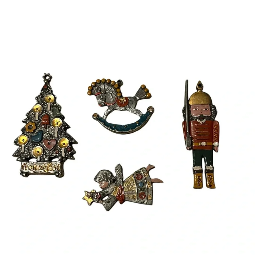 Vintage KUHN ZINN FROHES FEST CHRISTMAS ORNAMENTS Painted Pewter Germany Set 4